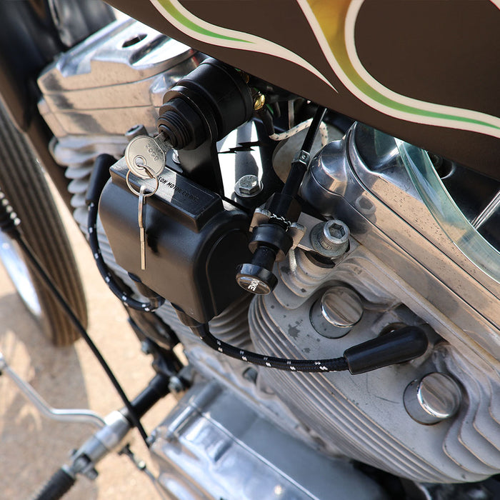 Close-up of a motorcycle engine with visible components