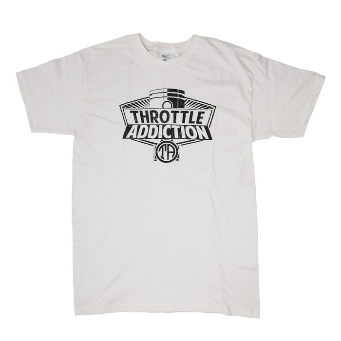 Throttle Addiction black and white logo on natural color shirt