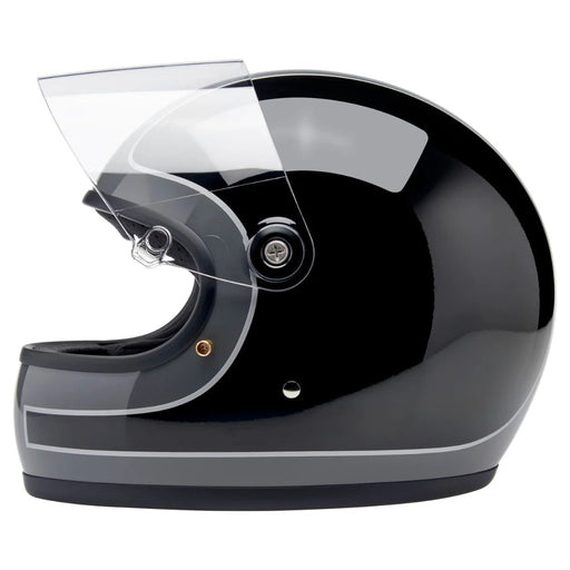Black and gray motorcycle helmet with clear visor on a white background
