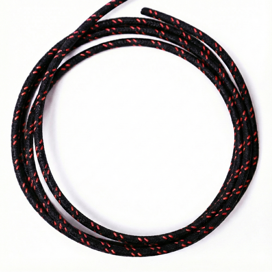 Using this vintage styled cotton braided wire will help finish of your motorcycle project with a touch of class. If you have to see the wires, use something that looks nice! This 12 AWG wire is insulated with modern PVC coating before being covered in cotton braid and coated with a fire retardant. Wire is made in the USA.

Sold in 10' increments
Black with red tracers