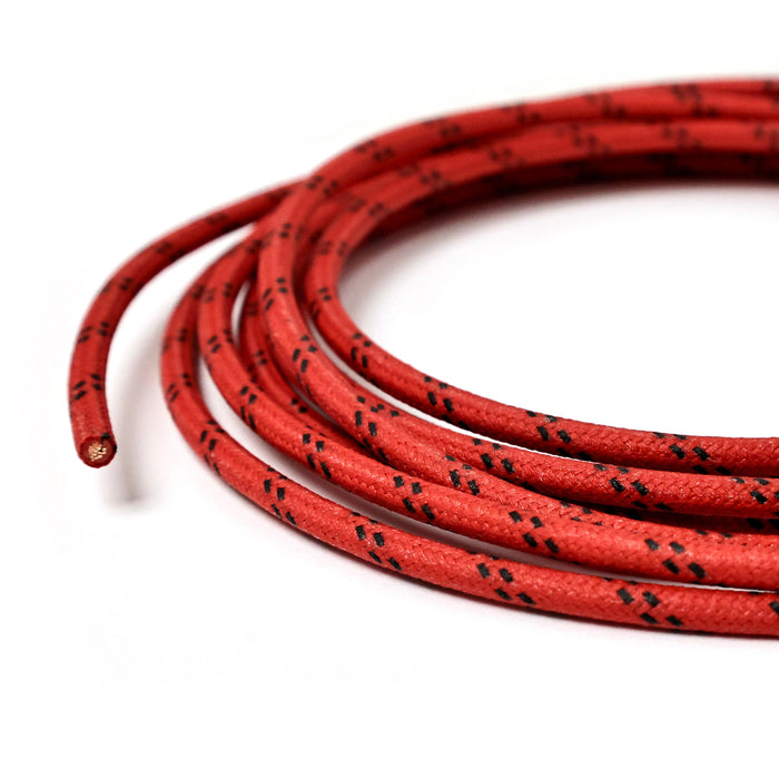 Using this vintage style cotton braided wire will help finish off your motorcycle project with a touch of class. If you have to see the wires, use something that looks nice! This 12 AWG wire is insulated with modern PVC coating before being covered in cotton braid and coated with a fire retardant. 

Wire is made in the USA
Sold in 10' increments
Red with 2 black tracers