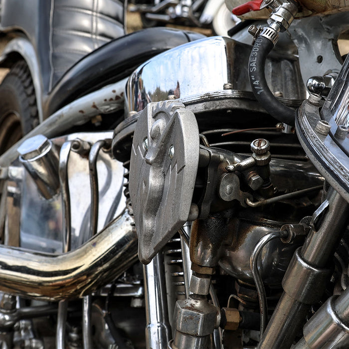Close-up of a motorcycle engine with metallic components