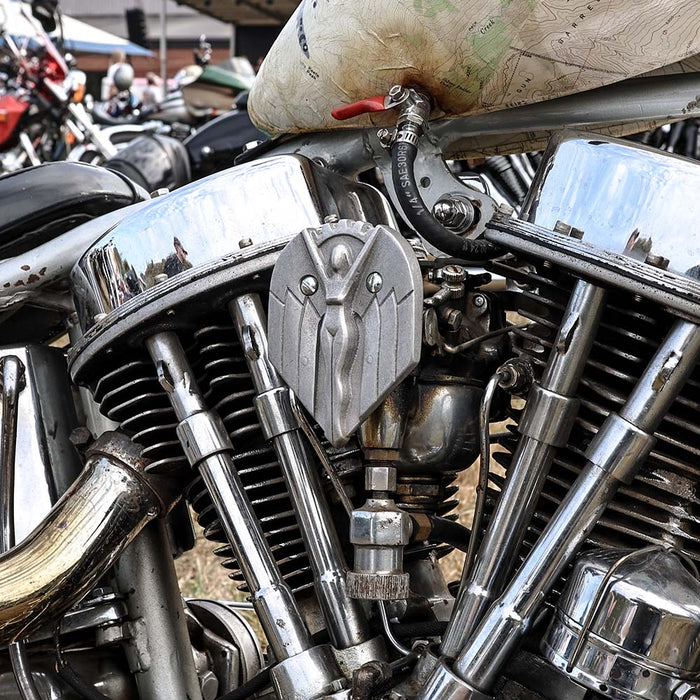 Close-up of a motorcycle engine with visible mechanical details