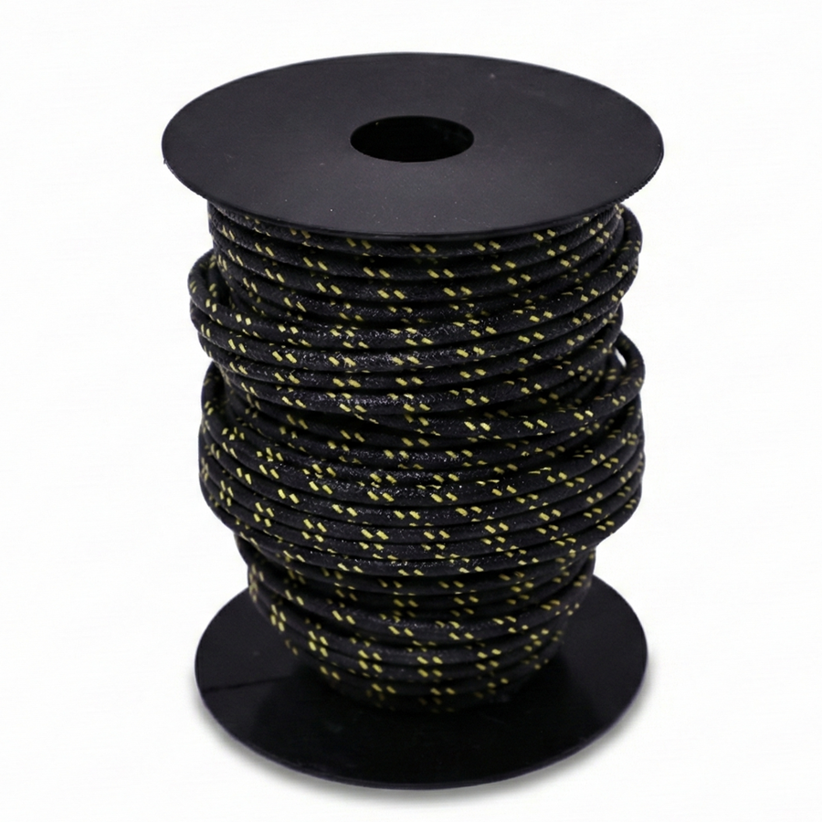 Using this vintage style cotton braided wire will help finish off your motorcycle project with a touch of class. If you have to see the wires, use something that looks nice! This 16 AWG wire is insulated with modern PVC coating before being covered in cotton braid and coated with a fire retardant.

Wire is made in the USA
Sold in 10' increments
Black with yellow tracers