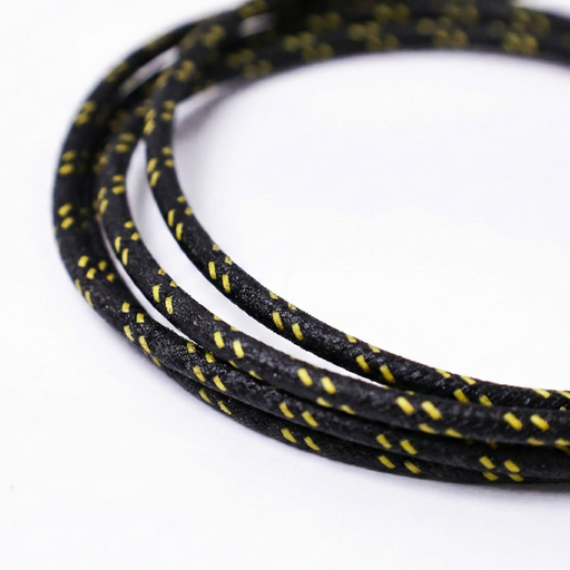 Using this vintage style cotton braided wire will help finish off your motorcycle project with a touch of class. If you have to see the wires, use something that looks nice! This 16 AWG wire is insulated with modern PVC coating before being covered in cotton braid and coated with a fire retardant.

Wire is made in the USA
Sold in 10' increments
Black with yellow tracers