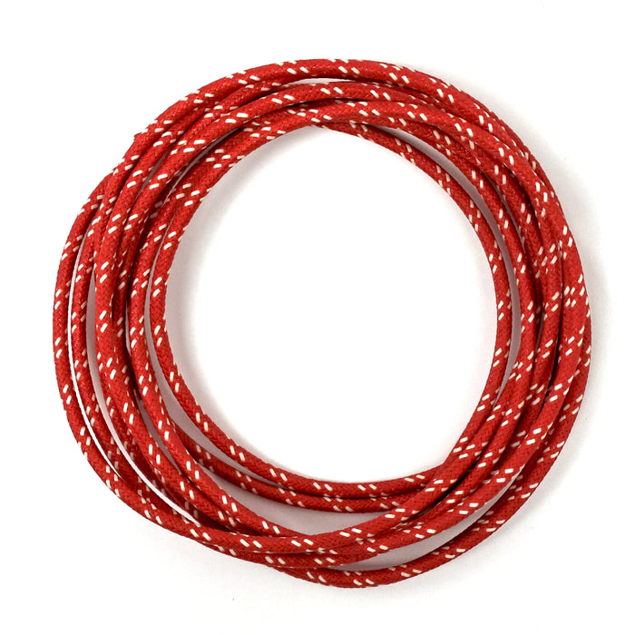 Using this vintage style cotton braided wire will help finish off your motorcycle project with a touch of class. If you have to see the wires, use something that looks nice! This 16 AWG wire is insulated with modern PVC coating before being covered in cotton braid and coated with a fire retardant. 

Wire is made in the USA
Sold in 10' increments
Red with 2 white tracers