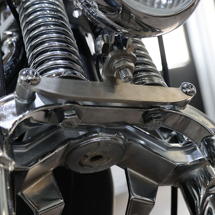 Close-up of a motorcycle engine with metallic components