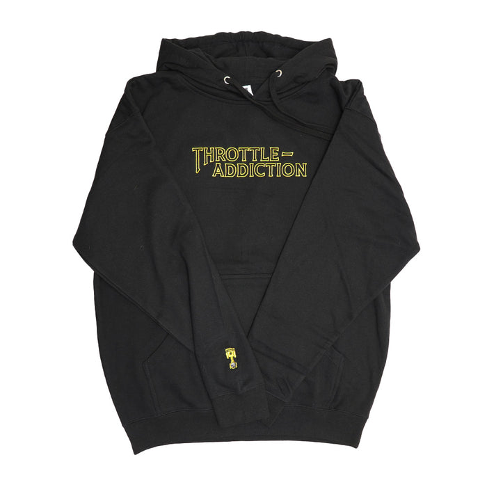 Throttle addiction embroidered hoodie with piston sleeve detail