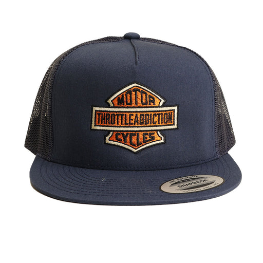 Throttle Addiction shield logo on blue hat straight on