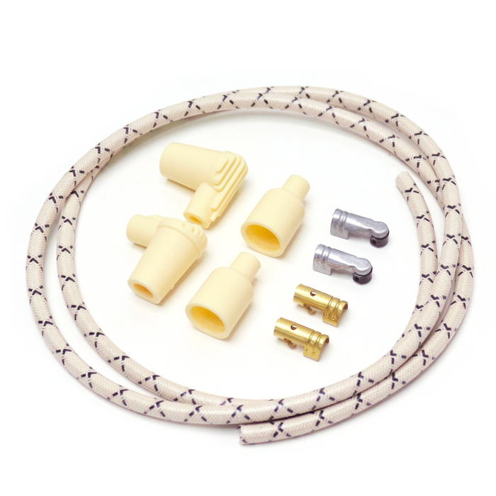 These vintage style cloth wrapped spark plug wires will add a nice accent to your vintage motorcycle. They feature 7mm solid core copper conductor, PVC wrapped and then covered in cotton wrap for that old school look. The kit includes clips and custom finned boots. Just cut the spark plug wire to length and install to your coil or magneto.
Includes:

48” long wire
2 90° finned spark plug boots
2 terminal coil / magneto boots
2 terminal clips