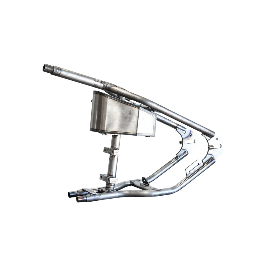 raw metal hardtail section with an oil tank