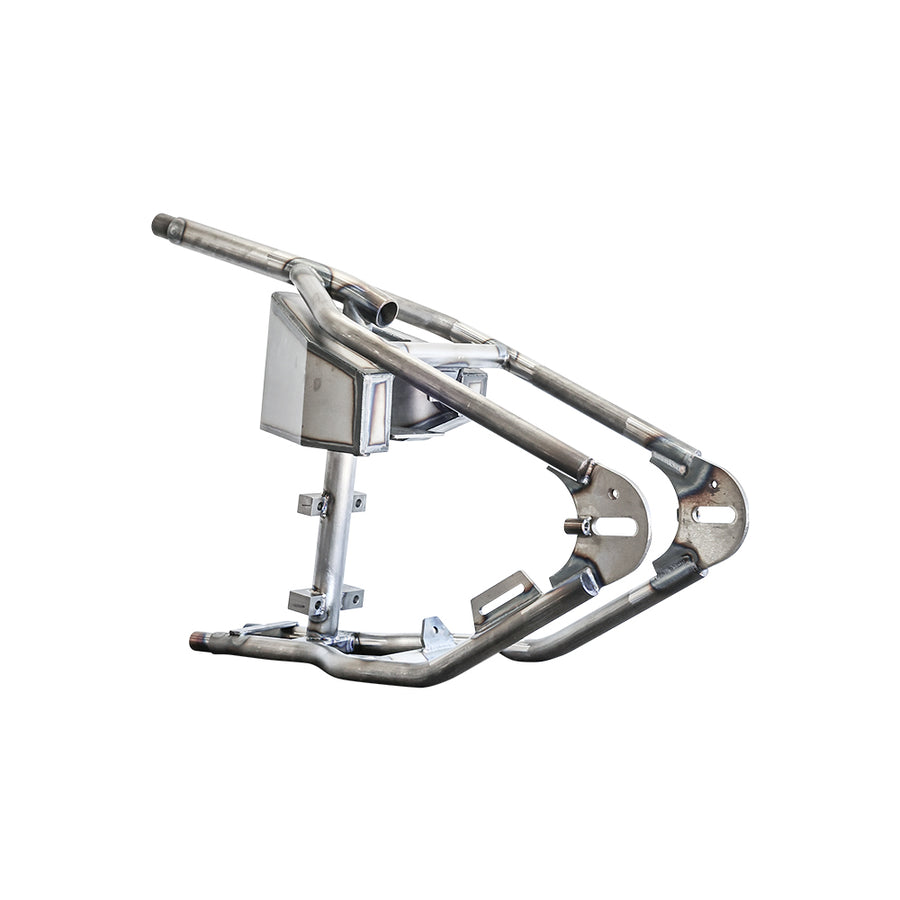 raw metal hardtail section with an oil tank
