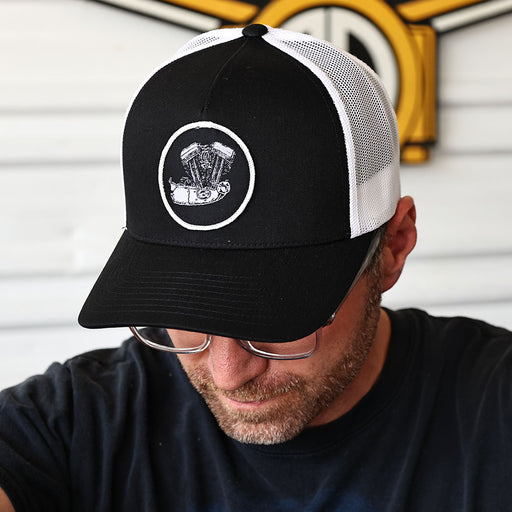 Evo Sportster Woven Patch Hat - Black/White

This hat features the Evo Sportster motor on a Black/White YP Classics 5 panel retro trucker cap.

Structured 5-Panel
Permacurv Visor, Mid-profile
Sewn in Eau Claire, WI USA