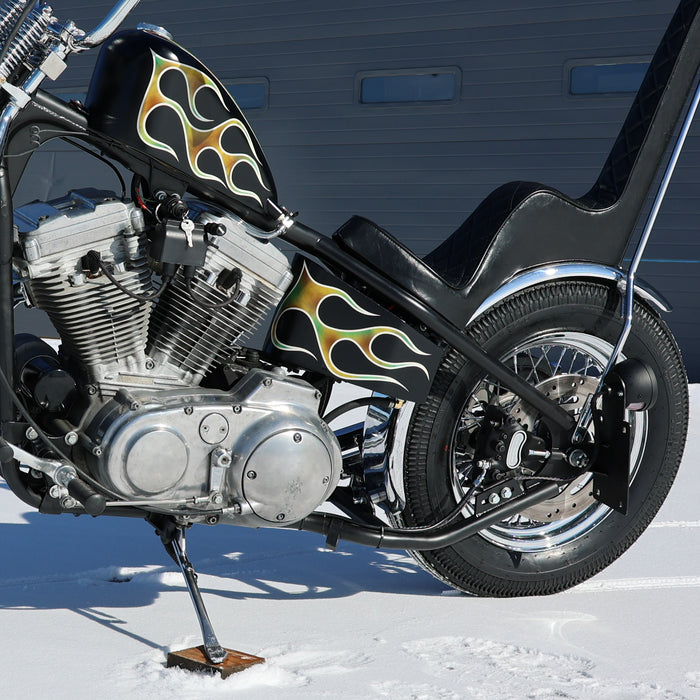 sportster hardtail oil tank painted with green flames