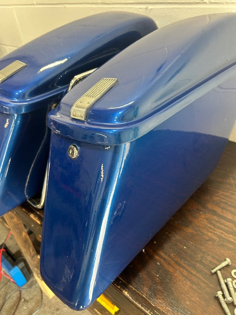 USED - Harley Shovelhead Hard Bags With Mounting Brackets - Blue