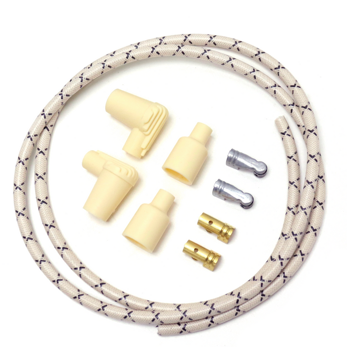 These vintage style cloth wrapped spark plug wires will add a nice accent to your vintage motorcycle. They feature 7mm solid core copper conductor, PVC wrapped and then covered in cotton wrap for that old school look. The kit includes clips and custom finned boots. Just cut the spark plug wire to length and install to your coil or magneto.
Includes:

48” long wire
2 90° finned spark plug boots
2 terminal coil / magneto boots
2 terminal clips