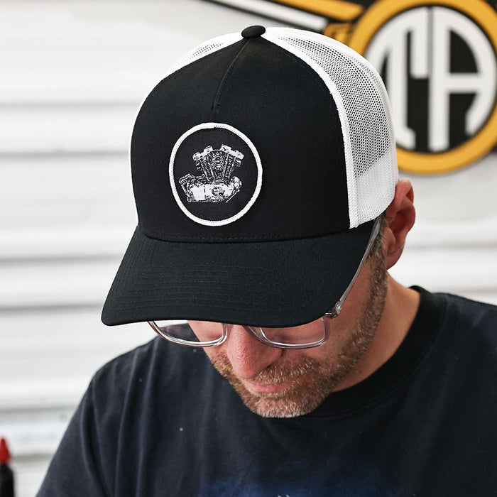 Ironhead Sportster Woven Patch Hat - Black/white

This hat features the Ironhead Sportster motor on a Black/white YP Classics 5 panel retro trucker cap.

Structured 5-Panel
Permacurv Visor, Mid-profile
Sewn in Eau Claire, WI USA