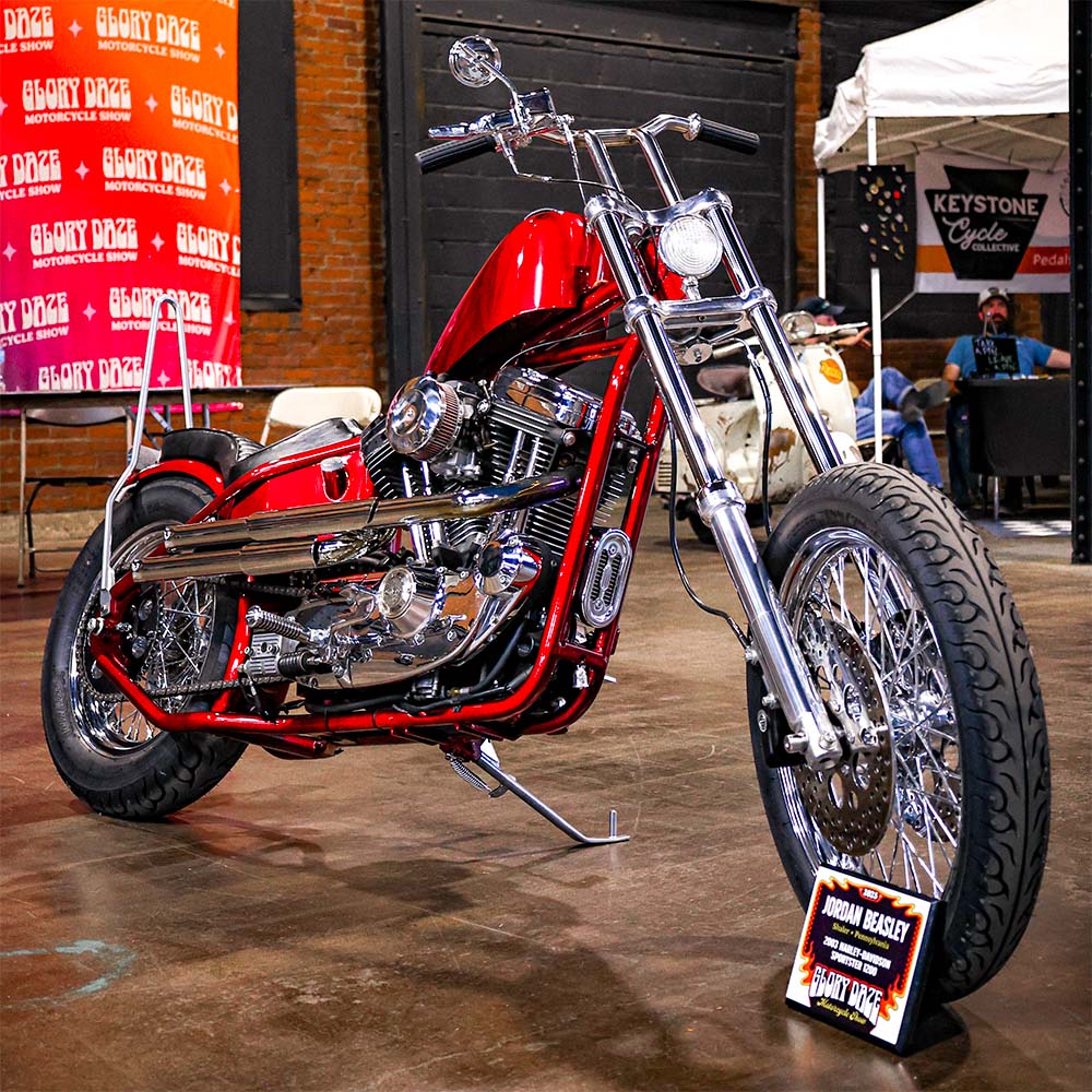 red sportster chopper with throttle addiction deluxe hardtail kit