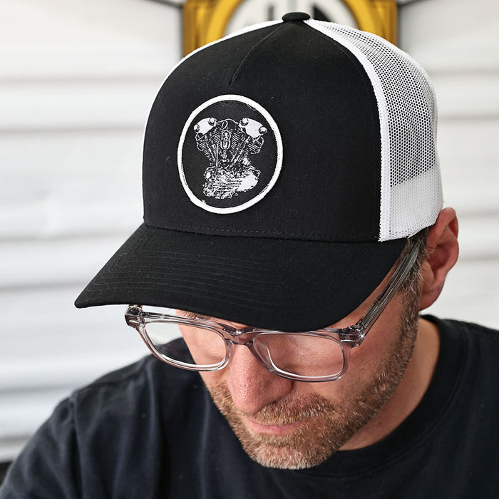 Knucklehead Woven Patch Hat- Black/White

This hat features the Knucklehead motor on a Black/White YP Classics 5 panel retro trucker cap.

Structured 5-Panel
Permacurv Visor, Mid-profile
Sewn in Eau Claire, WI USA
