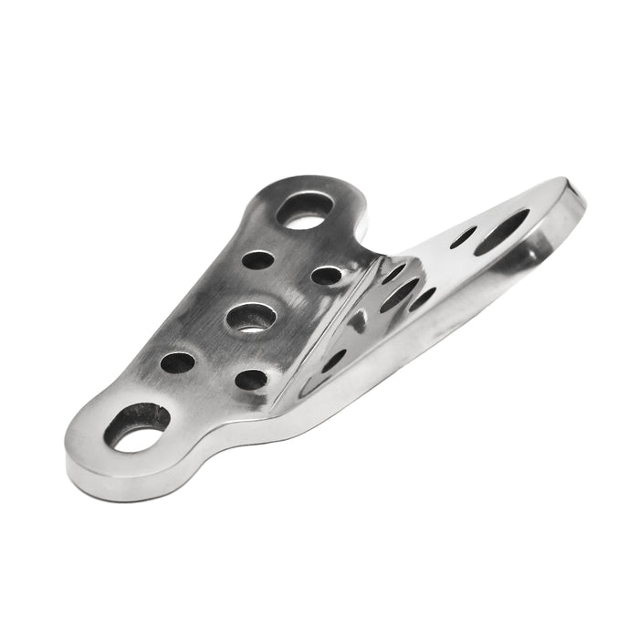 Chrome Plated Headlight mounting bracket for early wide glide trees with narrow headlight bolt spacing.