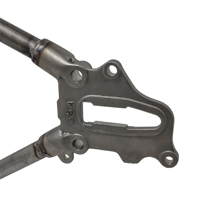 Weld-on shovelhead hardtail frame cast axle plates on white background