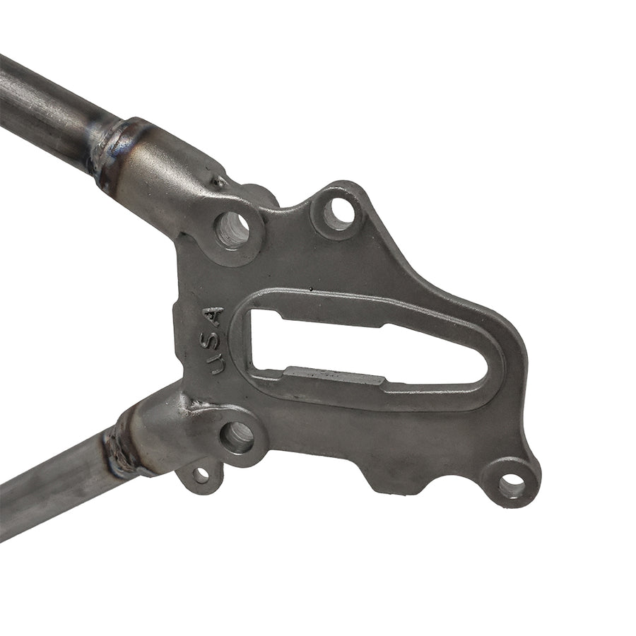 Weld-on shovelhead hardtail frame cast axle plates on white background