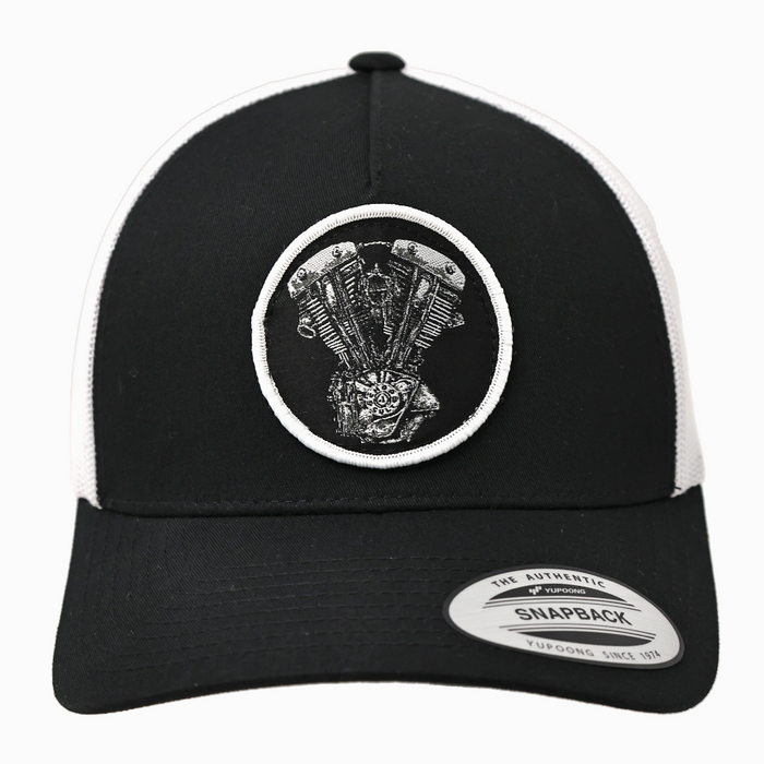 Shovelhead (Alternator) Woven Patch Hat - Black/White

This hat features the Alternator/Cone Shovelhead motor on a Black/White YP Classics 5 panel retro trucker cap.

Structured 5-Panel
Permacurv Visor, Mid-profile
Sewn in Eau Claire, WI USA