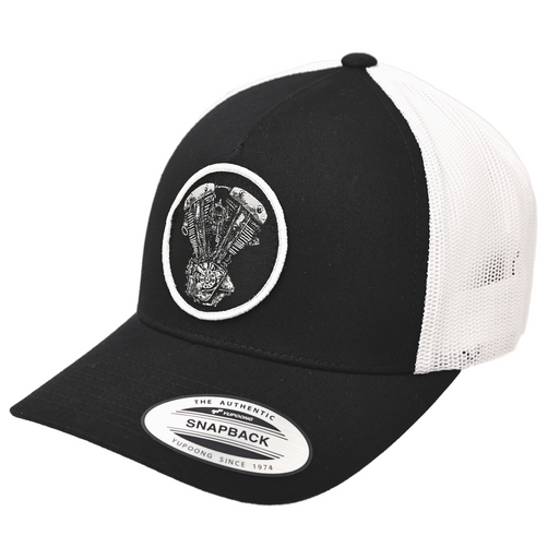Shovelhead (Alternator) Woven Patch Hat - Black/White

This hat features the Alternator/Cone Shovelhead motor on a Black/White YP Classics 5 panel retro trucker cap.

Structured 5-Panel
Permacurv Visor, Mid-profile
Sewn in Eau Claire, WI USA