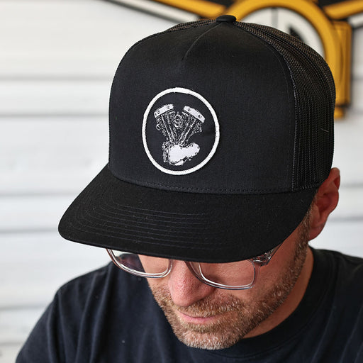 Shovelhead Woven Patch Hat- Black

This hat features the Shovelhead motor on a Black YP Classics 5 panel trucker cap.

Structured 5-Panel
Flat bill, high-profile
Sewn in Eau Claire, WI USA