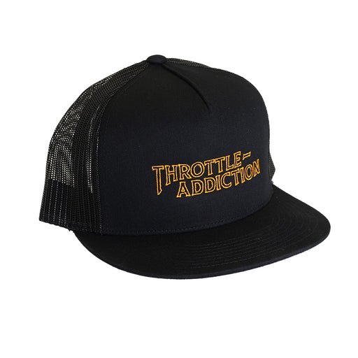 Throttle Addiction script embroidered on black hat