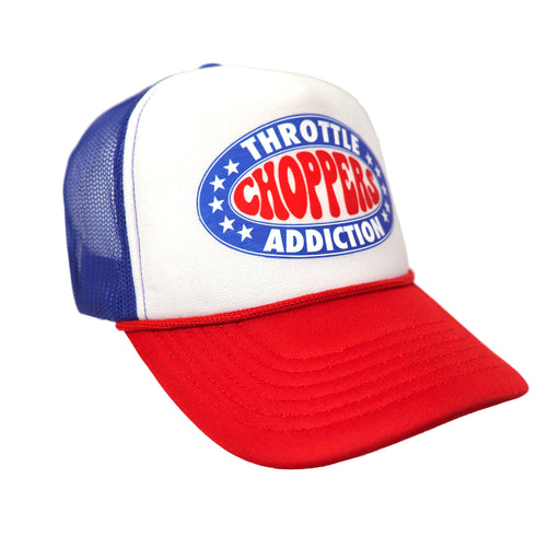 Keep your head styling with this snap-back cap from Throttle Addiction. Classic Foam Trucker Hat.

Plastic snap closure
55% Foam / 45% Mesh
Two-Tone Color Scheme
Curved Bill