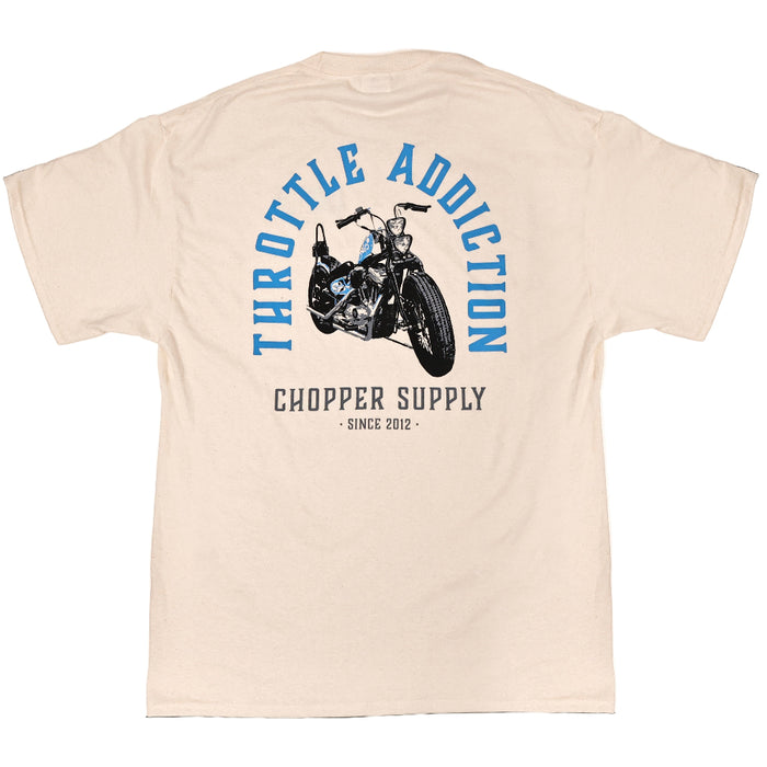 This 100% cotton Natural T-Shirt is printed in Eau Claire WI and features Throttle Addiction Choppers in bright blue and bold black colors. Get yours while quantities last!

Printed in the USA
100% cotton shirt