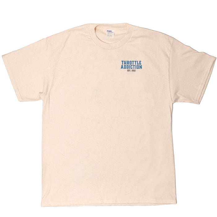 This 100% cotton Natural T-Shirt is printed in Eau Claire WI and features Throttle Addiction Choppers in bright blue and bold black colors. Get yours while quantities last!

Printed in the USA
100% cotton shirt