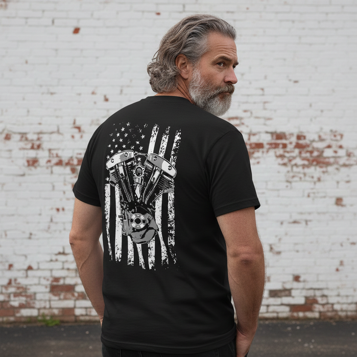 Throttle Addiction Shovelhead Flag T shirt

Printed in the U.S.A.

100% Cotton