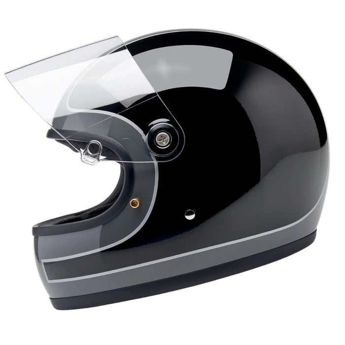 Black and gray motorcycle helmet with clear visor on a white background
