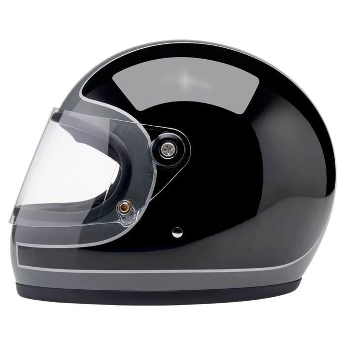 Black and gray motorcycle helmet with clear visor on a white background