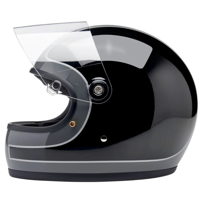 Black and gray motorcycle helmet with clear visor on a white background