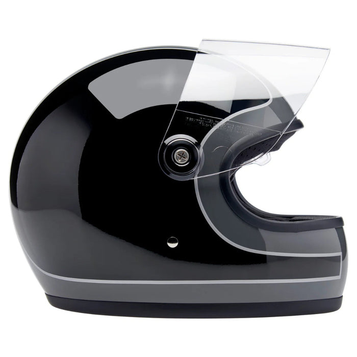 Black and gray motorcycle helmet with clear visor on a white background