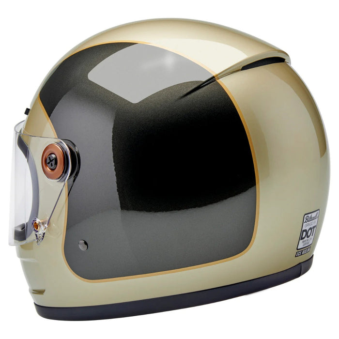 Champagne and charcoal motorcycle helmet with clear visor on a white background