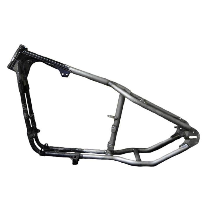 sportster hardtail installed on raw harley frame 